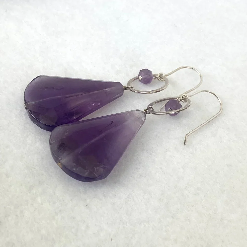 Deb Guyot Sterling Silver 925 Chunky Faceted Teardrop Amethyst Dangle Earrings